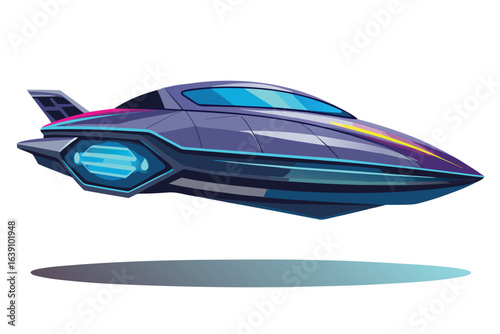 Cartoon futuristic spaceship isolated flying over white background for game design and illustration featuring purple body and blue lights