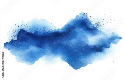 Abstract deep blue watercolor splash with gradient texture and scattered droplets on white background conveying calm and fluid motion
