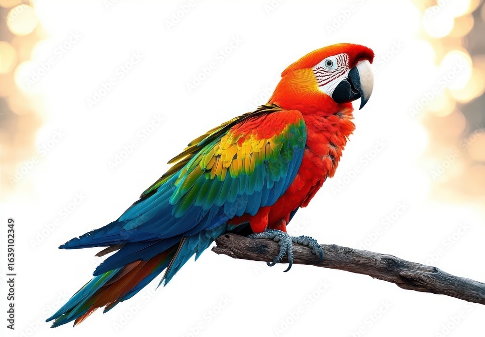 Fototapeta premium vibrantly colored parrot with red, orange, yellow, green, and blue feathers perched calmly on a branch with a bright, softly blurred background