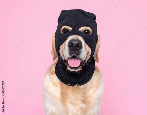 Dog wearing a mask of a robber or criminal. Golden retriever sitting on pink background wearing black balaclava. Funny canine disguise concept pet acting like outlaw cute golden retriever
