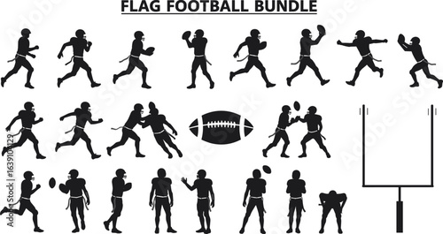 Flag football silhouette bundle, American football player poses, quarterback and running back actions, sports vector icons, football goalpost and ball illustrations