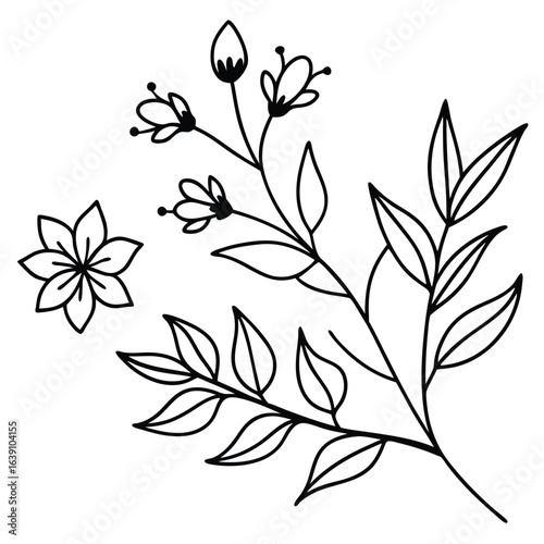 A simple black and white line art illustration of a botanical branch with leaves, small flowers, and a separate single bloom.