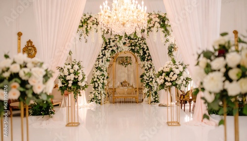 Elegant floral arrangements adorn a wedding ceremony venue.
