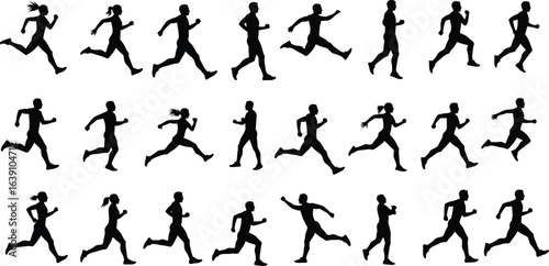 Silhouette running people collection, athlete motion sequence, jogging animation frames, sporty human poses, workout fitness runner icons, black figure sprint design set