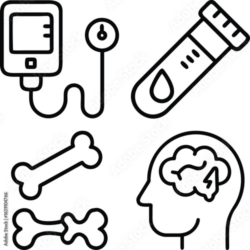 A collection of hand-drawn medical icons representing blood pressure monitoring, laboratory testing, skeletal health, and neurological function.