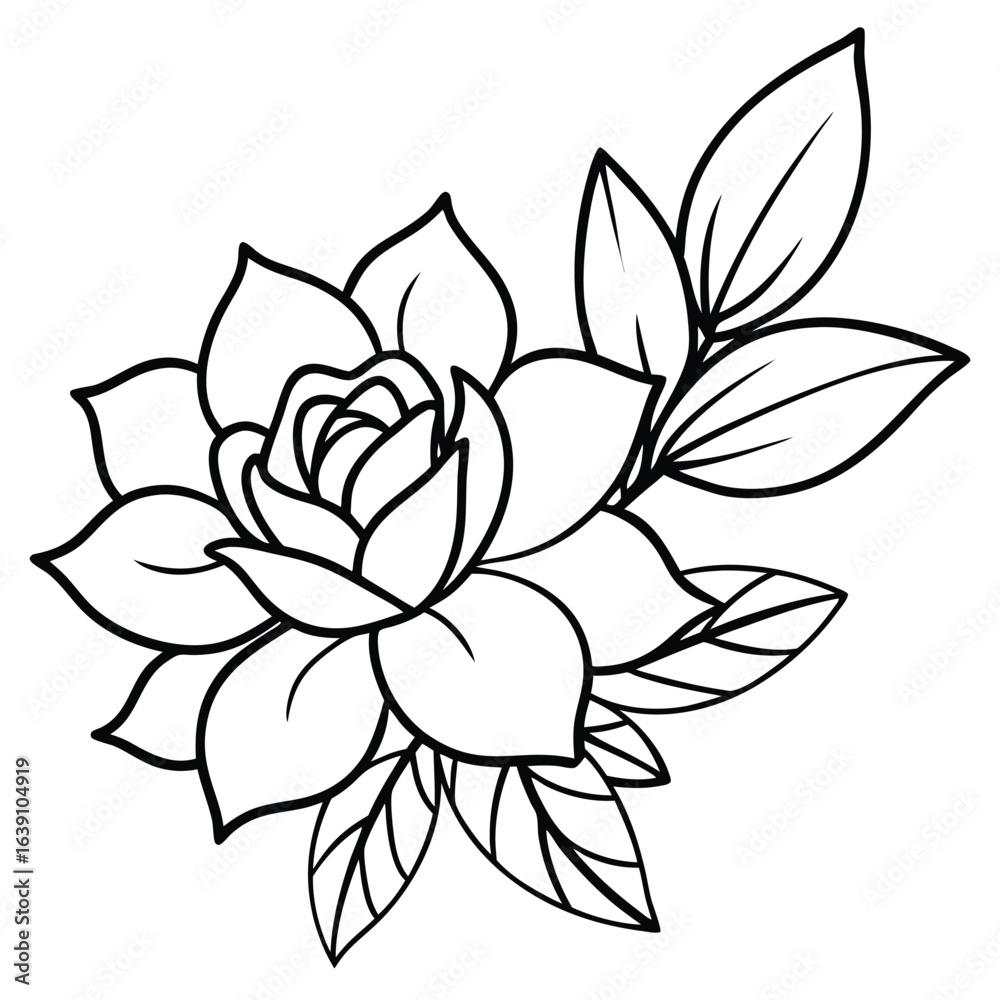 Obraz premium Black and white line art illustration of a blooming flower with multiple petals and accompanying leaves, suitable for coloring or design.