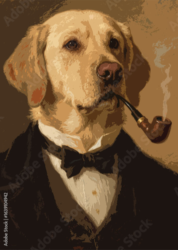 Vintage dog in formal costume wearing sunglasses smoking a pipe Illustrator Artwork design template poster
