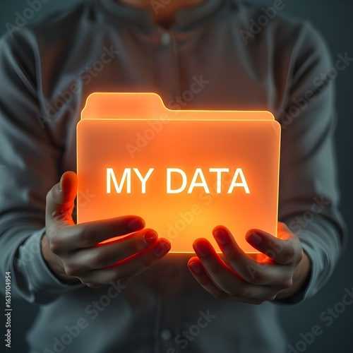 A person cradling a glowing digital folder labeled “MY DATA” — visual metaphor for personal data ownership and privacy.
