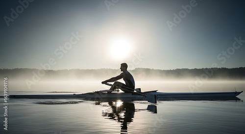 Lone Rowers Silhouette Gliding on a Misty Lake at Hazy Golden Sunrise.