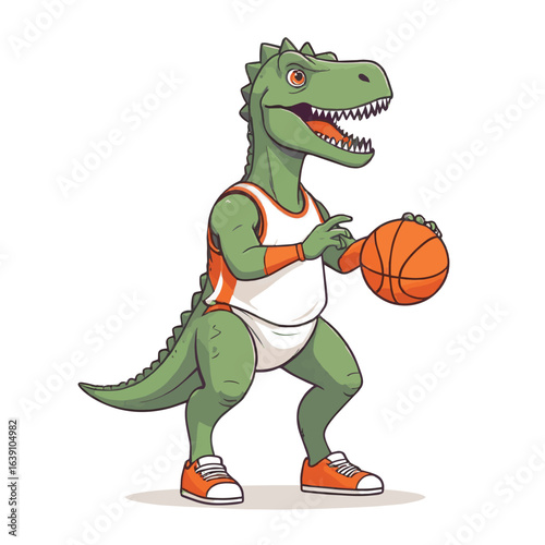 Funny Cartoon Dinosaur Basketball Player - Cute T-Rex Mascot in Sportswear Holding Ball Vector Illustration for Kids, Sports, Teams, and Games

