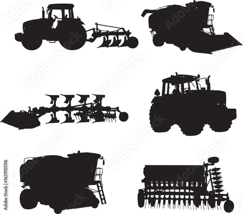 isolated need agriculture related kinds of working equipment set silhouette on white background