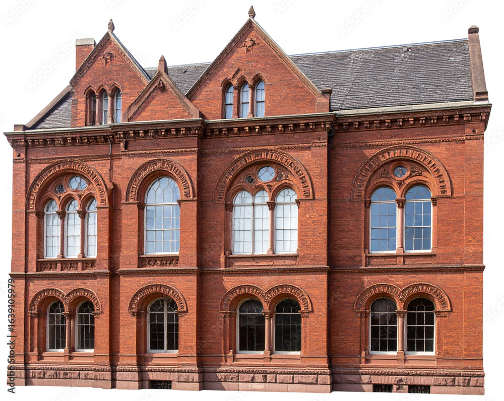 Fototapeta premium Classic Brick Building with Arched Windows, side view, isolated on transparent background