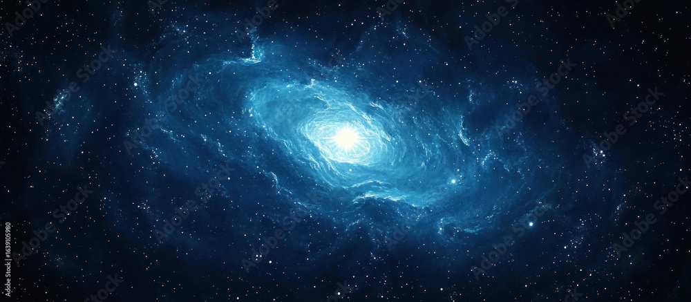 Fototapeta premium Bright luminous galaxy with swirling blue cosmic clouds and distant stars in deep space evoking wonder and mystery