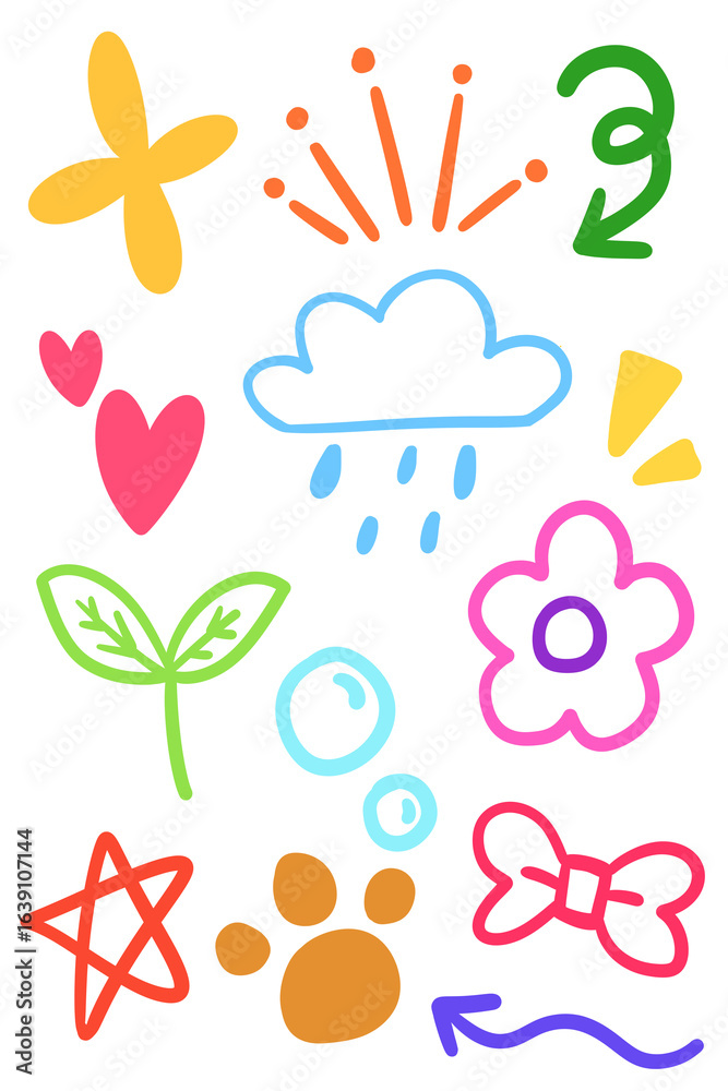 Fototapeta premium Kids doodle scribble abstract design sky, rain, flower, leaves, flower and ribbon for pattern and children book