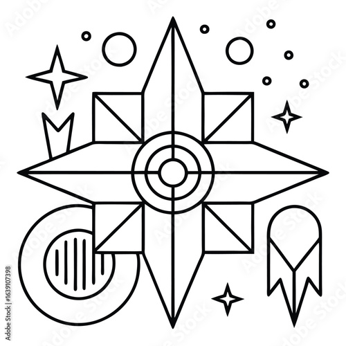 Geometric abstract illustration of a stylized star with celestial elements like stars and circles.