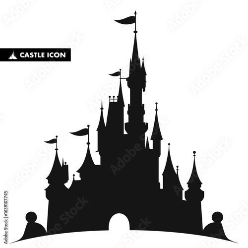 Silhouette of a fairy tale castle with spires and flags against a white background illustration