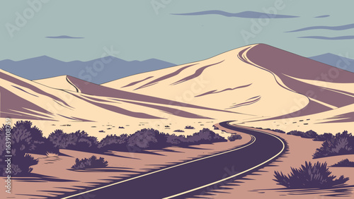 Desert landscape illustration with road trip adventure scenic route and sand dunes travel destination concept