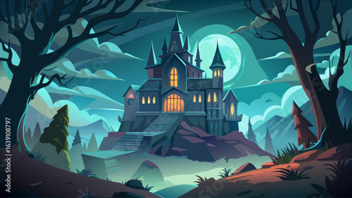 Spooky old gothic castle stands tall under moonlight, foggy night surrounds ancient walls. Haunted mansion with dark towers, glowing windows, eerie shadows, high detail, semi-realistic vector style, a