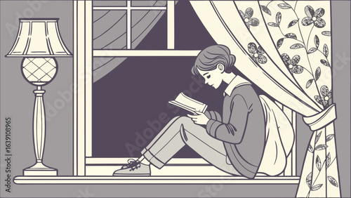 Illustration of a girl reading book by window with lamp and curtains for cozy home study time artwork