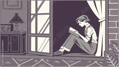 Illustration of woman reading book by window sill in room interior design lifestyle and home decor concept