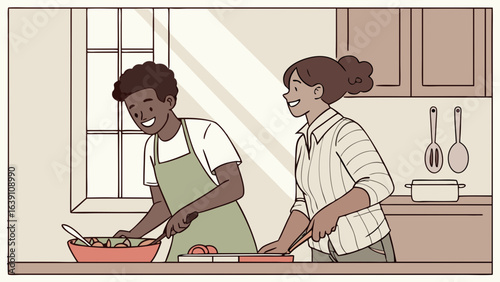 Illustration of couple cooking together healthy food in kitchen preparing meal and salad recipe at home art