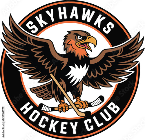 The aggressive eagle mascot and crossed sticks of the Skyhawks hockey team's logo are used for sports branding
