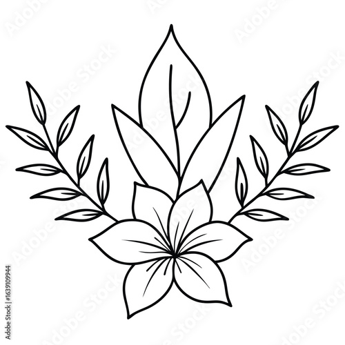 A simple black and white line art illustration of a flower with leaves and symmetrical branches.