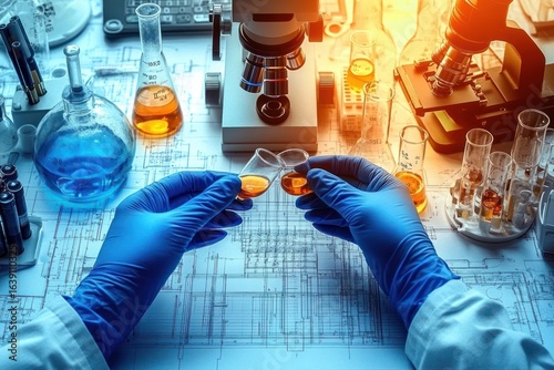 Scientist wearing blue gloves holding two small glass beakers with orange liquid in a laboratory surrounded by microscopes, test tubes, and chemical glassware on a technical blueprint