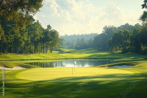 Sunlit golf course green with flag, sand bunkers, water hazard, surrounded by lush trees under a partly cloudy sky