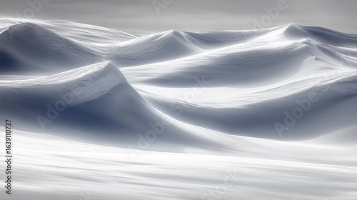 Smooth, soft snow dunes forming gentle hills under a cloudy sky, creating a serene and tranquil winter landscape