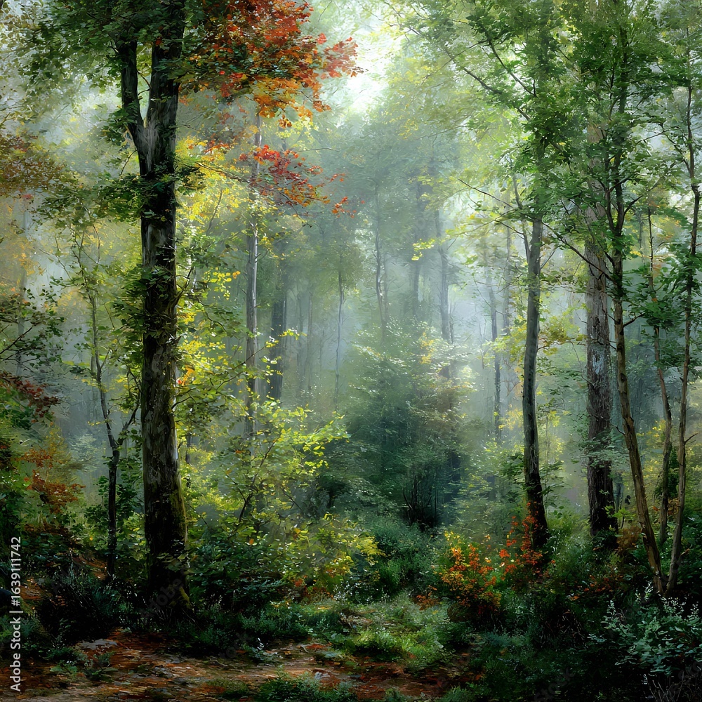 Fototapeta premium Peaceful early autumn forest with green and red leaves and soft morning mist