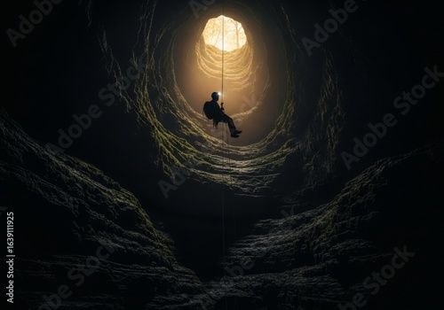 A lone climber rappels down a dark mosscovered cave shaft towards a bright opening