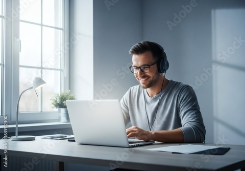 A man wearing headphones and glasses works on a laptop in a modern office