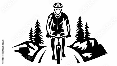 Silhouette of a mountain biker riding on a trail with trees and mountains in the background design vector