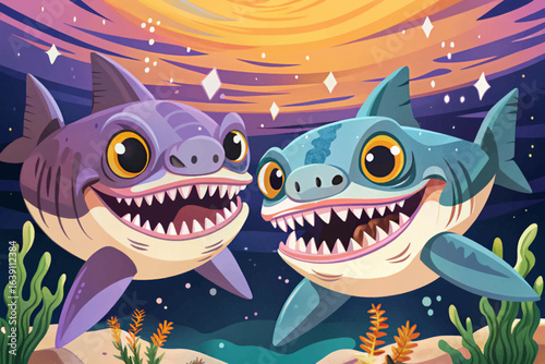 Cookiecutter shark with circular teeth gliding through the dark deep ocean, strange predator marine life illustrations, deep-sea creature studies, and underwater wildlife exploration