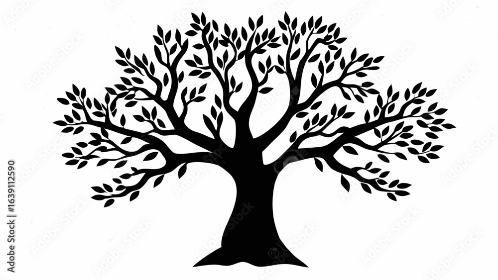 Fototapeta premium Silhouette of a broad tree with many leaves and branches extending outwards on a white background image