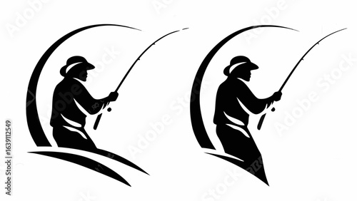 Silhouette illustration of two fishermen with fishing rods and a curved design element near them