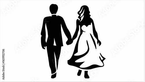 Silhouette of a groom in a suit and a bride in a dress holding hands and walking together happily forward