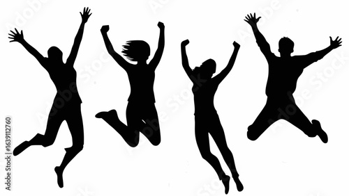 Silhouette illustration of four people jumping with arms raised in celebration and excitement shown