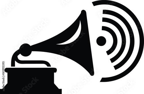 Black and White Icon of a Vintage Gramophone with Sound Waves Emanating from It