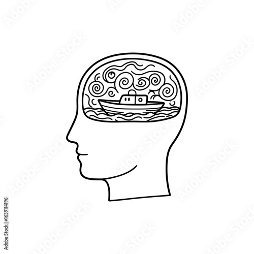 Boat floating inside head representing navigating complex thoughts