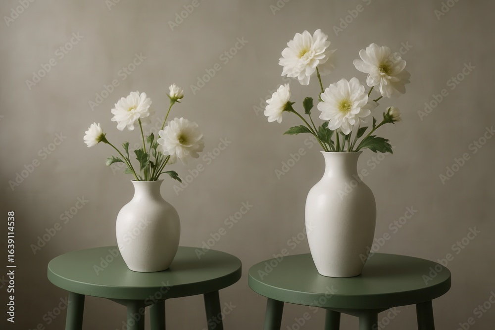 Fototapeta premium two white dahlias in pristine vases on a muted gray backdrop