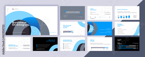 Abstract powerpoint presentation templates set, blue color identity presentation background, banner template, brochure, landing page, company profile, business design package set, vector illustration.
