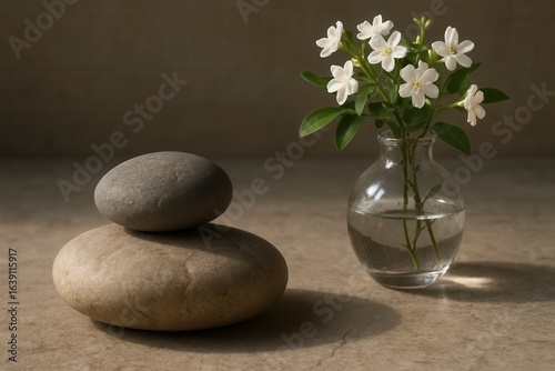 A Serene Vase of White Flowers Beside Two Earthy Rocks