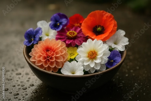 A vibrant bouquet of nature's palette in a simple black bowl, symbolizing beauty amidst simplicity