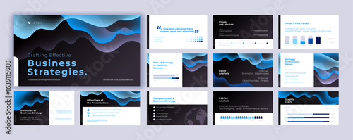 Abstract powerpoint presentation templates set, blue color identity presentation background, banner template, brochure, landing page, company profile, business design package set, vector illustration.
