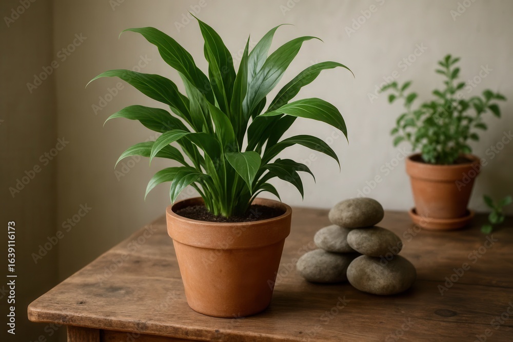 Fototapeta premium A serene tableau of a lush green houseplant nestled among earthy terracotta pots, accompanied by a neatly stacked collection of smooth stones, all set against the backdrop of a softly textured wall