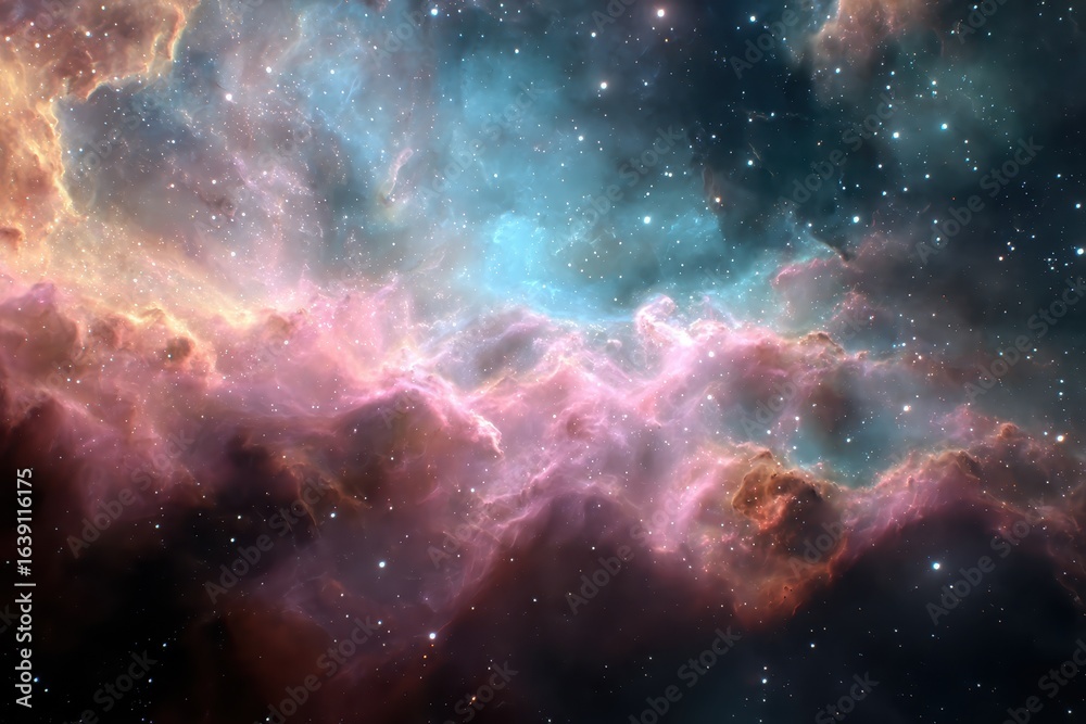 Fototapeta premium Vivid nebulae and stellar formations captured in deep space reveal the wonders of the universe with colorful clouds and distant stars