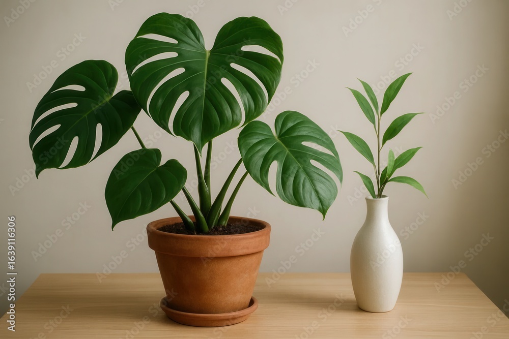 Fototapeta premium A Monstera Plant and Its Companion Vase on a Wooden Surface