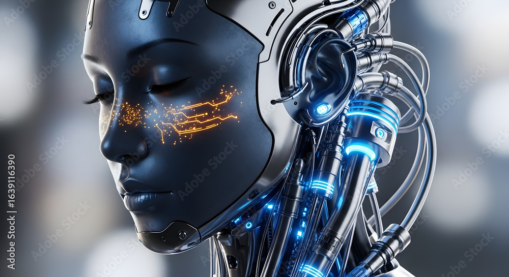 Fototapeta premium Close-up of a futuristic female android's face with glowing circuits. Concept of advanced robotics, artificial intelligence, and the human-machine interface.